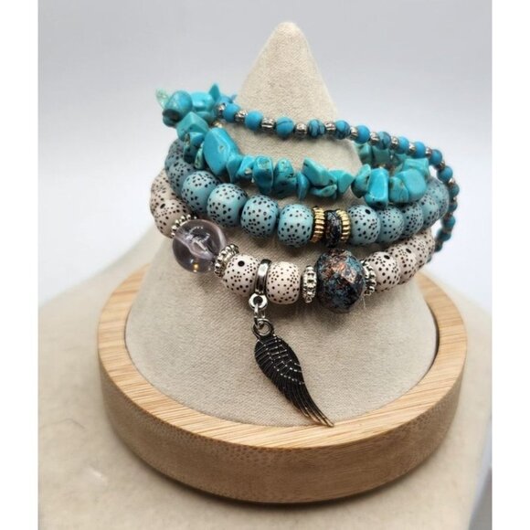 4 Beaded Bracelets - Turquoise Blue, Feather Shaped Accent Dangle Bead - Picture 2 of 2